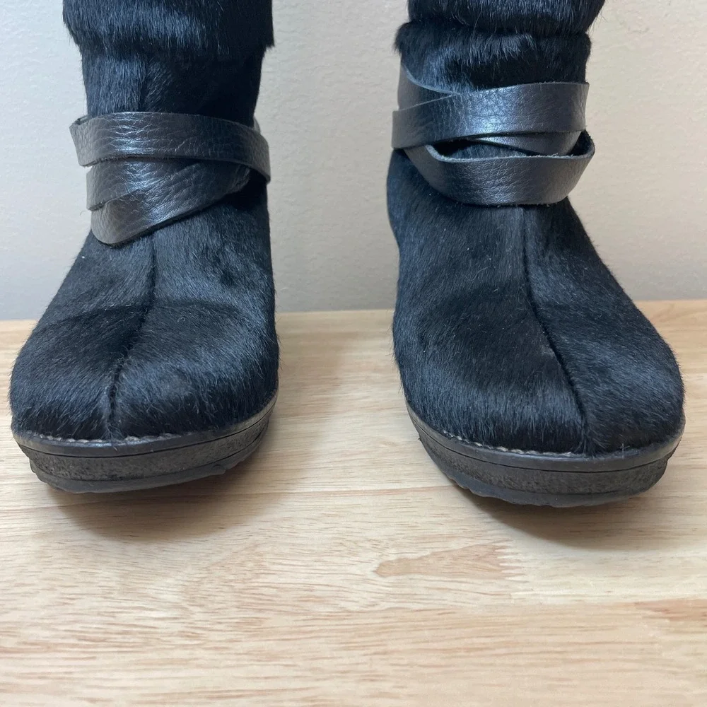 Oscar Sport Italy Black Pony Hair Wedge Boots Faux‎ Shearling Lined Womens 38